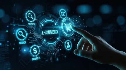 Obraz premium Online shopping business concept with glowing shopping cart icons and e-commerce text.