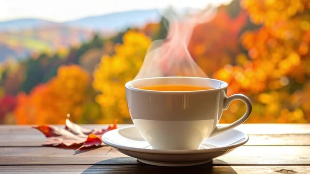 Steaming tea cup on wooden table with vibrant autumn forest background