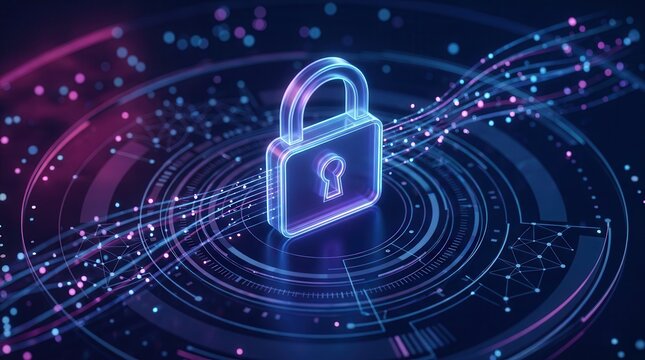 A digital privacy concept featuring a padlock within a secure business technology network.