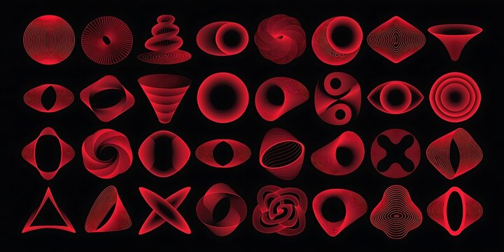 Array of red abstract geometric shapes and forms created by laser light on black background with geometric patterns abstract design digital art pattern design shape collection abstract
