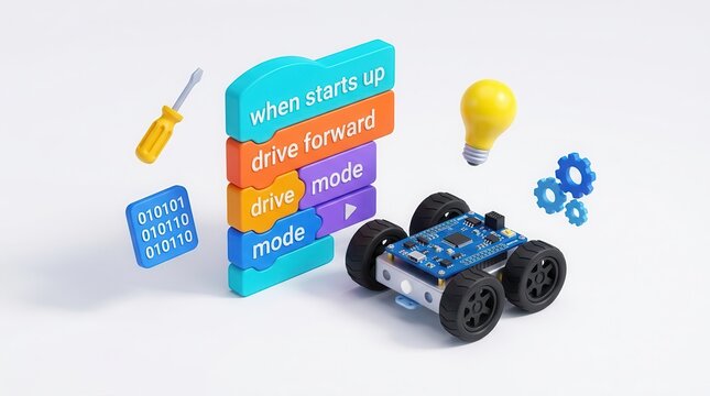 Creative learning basics for beginners using block coding to control a remotely controlled automation robotic vehicle.