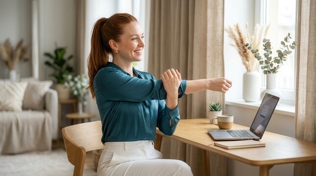 A remote worker performing practical stretching exercises during a work break for occupational health.