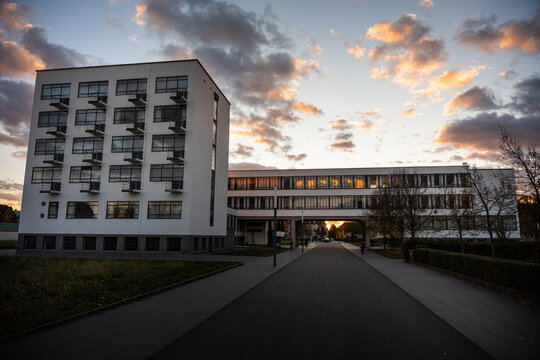Bauhaus building in dessau sunset