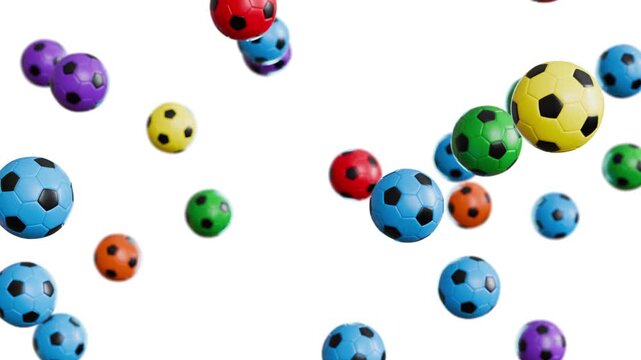 Multicolor soccer balls raining down on blue background. Bright and fun animation ideal for education, kids media, and energetic compositions.