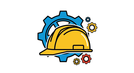Fototapeta premium Vibrant flat design concept of yellow hard hat, large blue gear, and small cogwheels, symbolizing industry, safety, engineering, and mechanical work on a clean background.