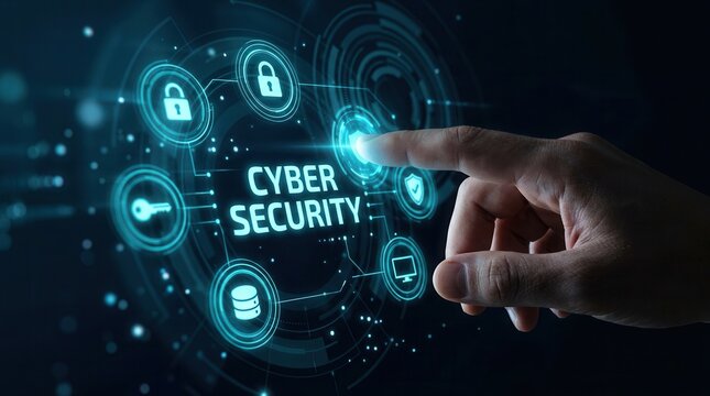 Business technology professional interacting with a cyber security data protection interface.
