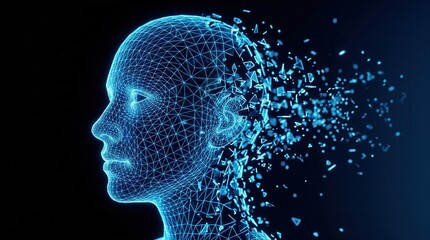 Obraz premium Artificial intelligence concept featuring a human face disintegration and dissolve effect.