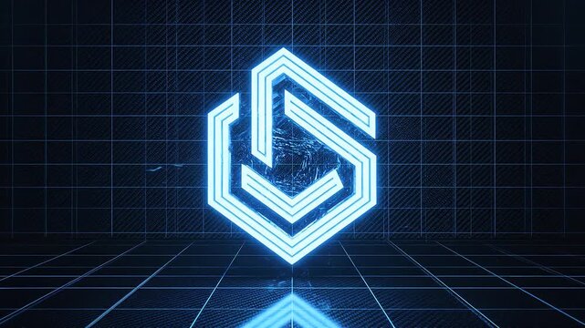 Glowing blue neon lines converging and forming a complex geometric abstract shape against a dark tech grid background.