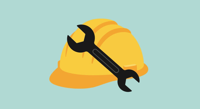 Yellow construction hard hat with a black wrench overlaid in a minimalist, flat vector art style on a light blue background, symbolizing work, repair, and safety.