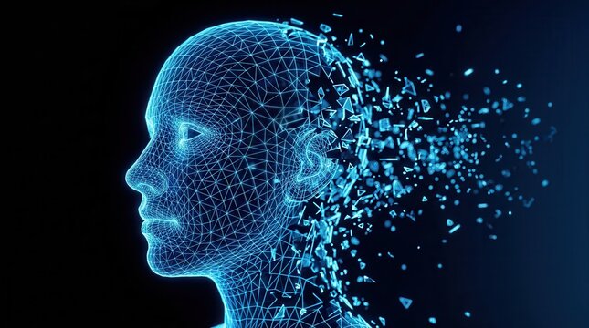 Artificial intelligence concept featuring a human face disintegration and dissolve effect.