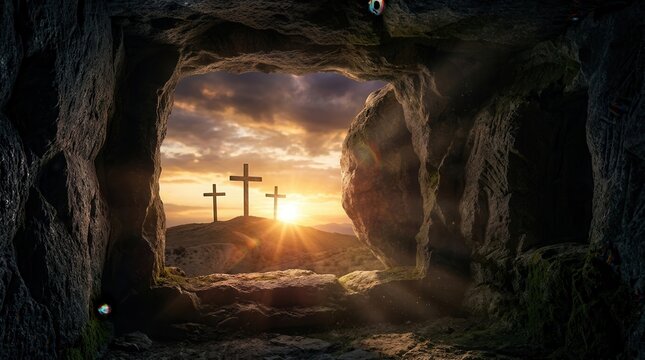 The view from inside a dark stone cave toward three wooden crosses on a distant horizon.