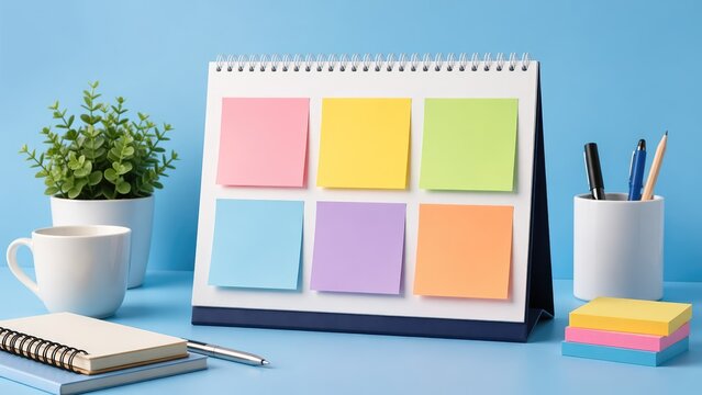A desktop calendar with sticky notes indicating important dates and appointments, set against a soft, bright blue backdrop.
