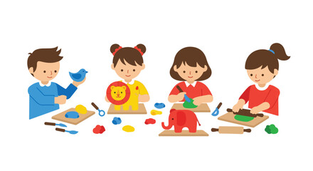 Fototapeta premium Four children are happily playing with colorful modeling clay at a table, creating animal shapes like a bird, a lion, and a red elephant.