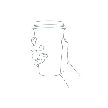 Hand holding disposable paper coffee cup with lid in vertical grip, minimalist line art for takeaway cafe service concept