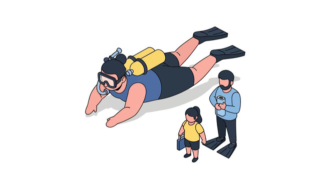 Isometric Illustration of a Scuba Diver with Family Members.