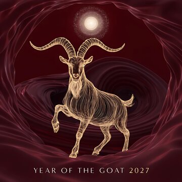 Stylized golden goat with glowing horns in a dark red swirling tunnel year of the goat 2027 chinese zodiac capricorn swirling abstract background illustration mysterious ethereal