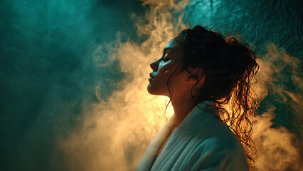 Fototapeta premium Dramatic side profile of a woman with wet, curly hair illuminated by teal and golden light, surrounded by atmospheric mist, ideal for wellness, beauty and conceptual editorial projects