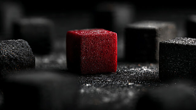 Dramatic close-up of a single red cube among black cubes on a dark textured surface, shallow depth of field, concept for marketing, differentiation and innovation promotion