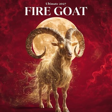 Golden fire goat with ornate horns standing under a full moon digital art red background horned animal ultimate mythical majestic powerful symbolic illustration concept art