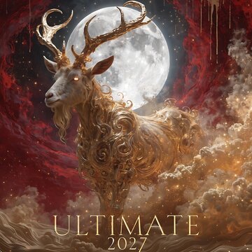 Majestic stag with ornate antlers and golden mane under full moon in mystical sky majestic mythical creature wildlife moonlight ethereal shimmering sparkling abstract artistic