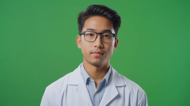 Young Asian man wearing glasses and lab coat.