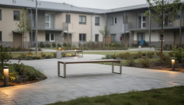 Focus on a shared courtyard of an affordable housing complex highlighting benches and pathways with the building facade subtly out of focus.