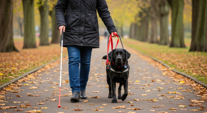 Blind person walking with black guide dog in autumn park