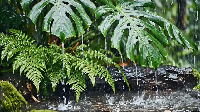 Lush green monstera and fern plants in gentle rain shower.