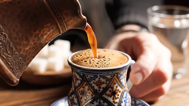 Pouring Traditional Turkish Coffee into an Ornate Cup with Sugar Cubes Nearby.