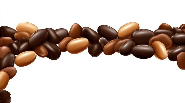 Assorted shiny, bean-shaped, colored candies in shades of brown, arranged horizontally with reflections