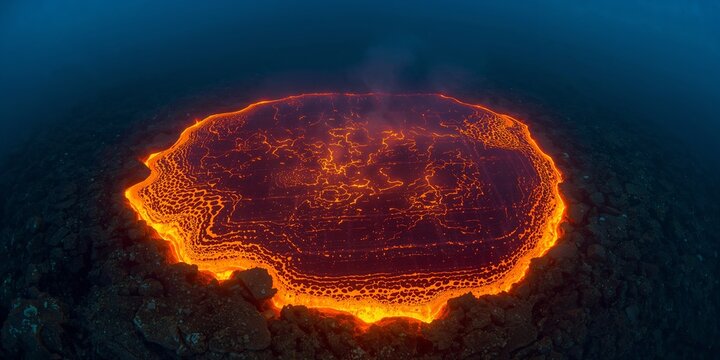Glowing underwater lava flow spreading across ocean floor creating dramatic volcanic landscape with molten textures and dark surroundings