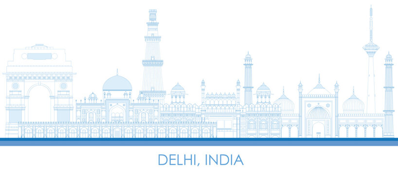 Outline Skyline panorama of city of Delhi, India - vector illustration