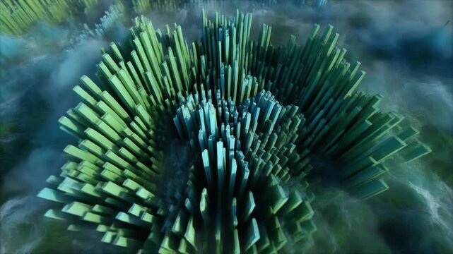 Abstract 3D landscape of surreal geometric structures amidst swirling clouds