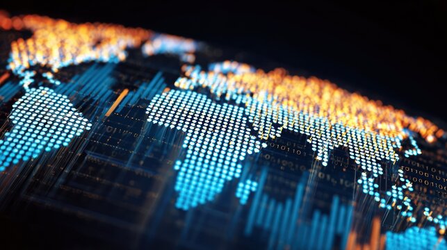 Pixelated world map, illuminated in blue and gold, with a digital grid and binary code backdrop