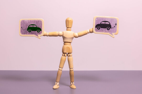 New car concept. Half section part of electric energy and fuel engine, plug-in hybrid electric vehicles