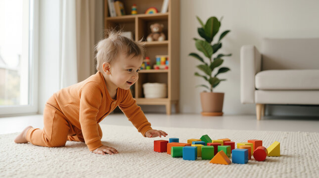Toddler playing with colorful wooden blocks on a rug. Happy child crawling in a bright living room. Early childhood development concept