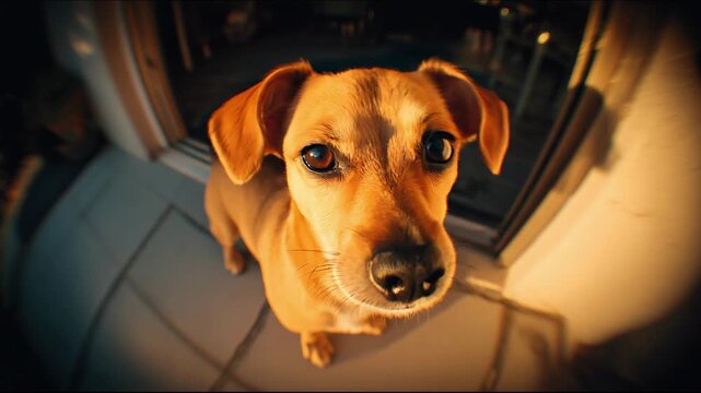 Adorable small brown dog looking up with curiosity. Charming fisheye perspective captures pe cute expressions and big, soulful eyes