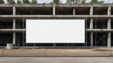 Obraz premium Blank white banner for advertisement mounted on the fence of construction site on a sunny day