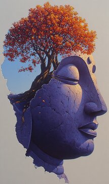Surreal minimalist torn paper artwork with miniature Buddha and red leaf tree in zen negative space composition