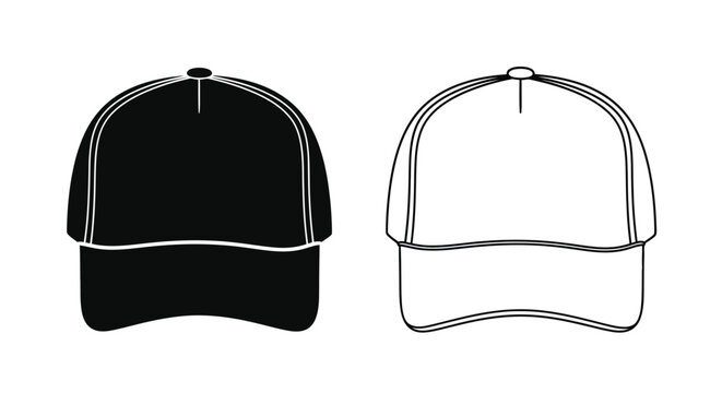 Two baseball caps displayed in black fill and outline silhouette