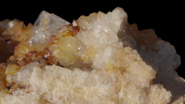 A macro of fluorite sample with transparent cubic crystals on a distribution of golden yellow crystals