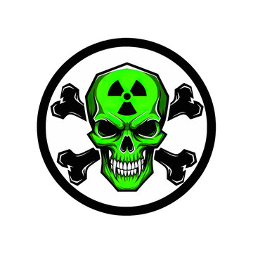Neon green radioactive skull with crossed bones icon.