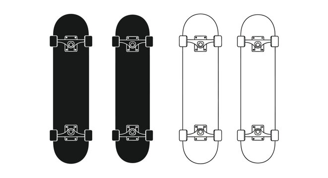 Four skateboard designs shown in contrasting black and white silhouette