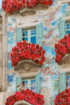 Casa Batllo Balconies Decorated with Red Roses for Sant Jordi, Barcelona