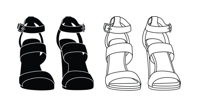 Elegant high heeled sandals displayed in contrasting black and white silhouette