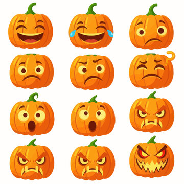 Collection of 12 Halloween Pumpkin Faces Emoticons with Different Emotions