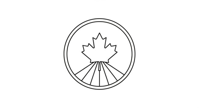 Line art badge of a maple leaf over a field landscape vector