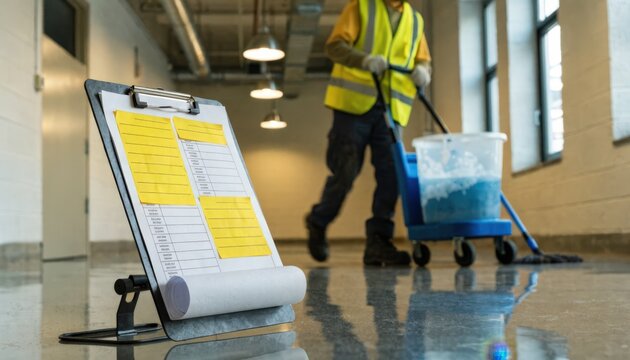 Focused medium shot of a clipboard with a biweekly hallway cleaning checklist while a janitor cleans softly blurred floors in the distance.