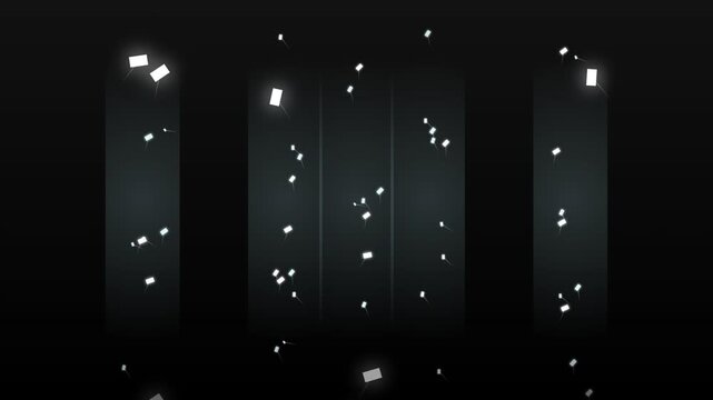 A dark background with subtle vertical lines and scattered bright shapes creating dynamic motion
