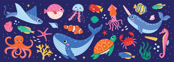 Cute sea animals set, ocean animals collection on dark blue background. Vector underwater world with whale, octopus, turtle, narwhal, jellyfish and tropical fish for kids nursery decor, fabric print. © Hanna Bykova
